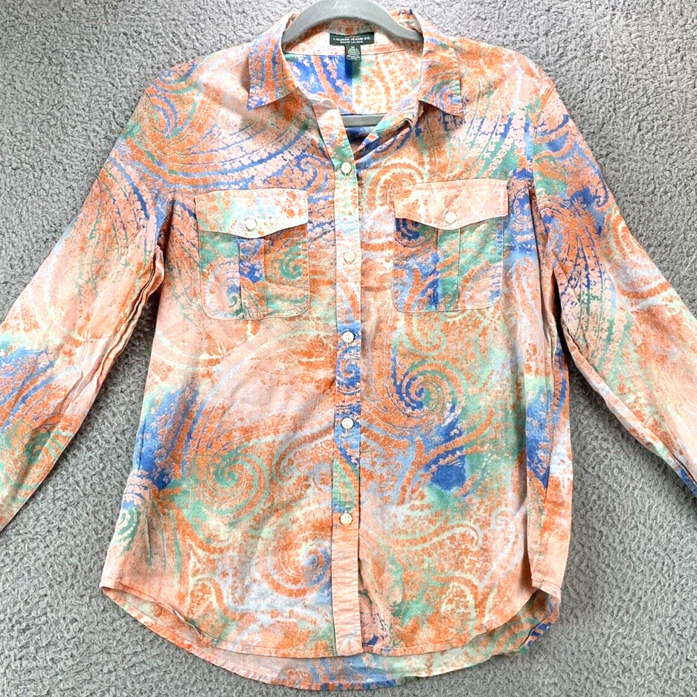 LRL Lauren Jeans Paisley Blouse Medium Boho Colorful Button Up Roll tab Sleeve